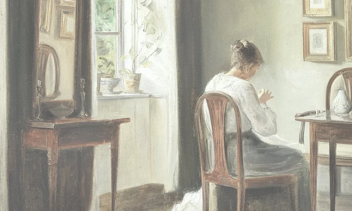 “Interior with a Woman Sewing by a Window” by Carl Vilhelm Holsøe