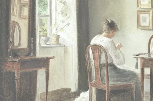 “Interior with a Woman Sewing by a Window” by Carl Vilhelm Holsøe